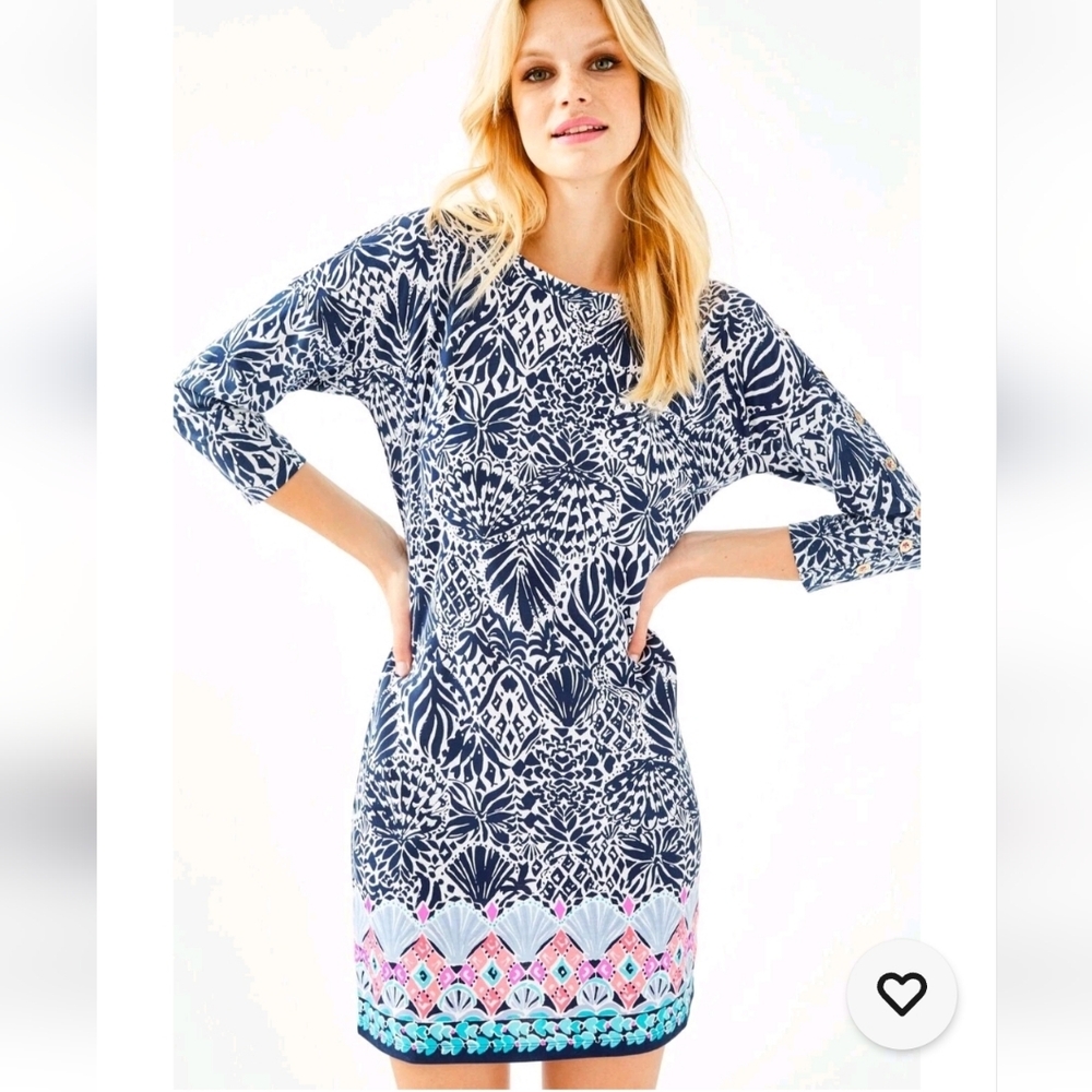 Lilly Pulitzer Navy & White Printed Shift Dress with Pink & Teal Border